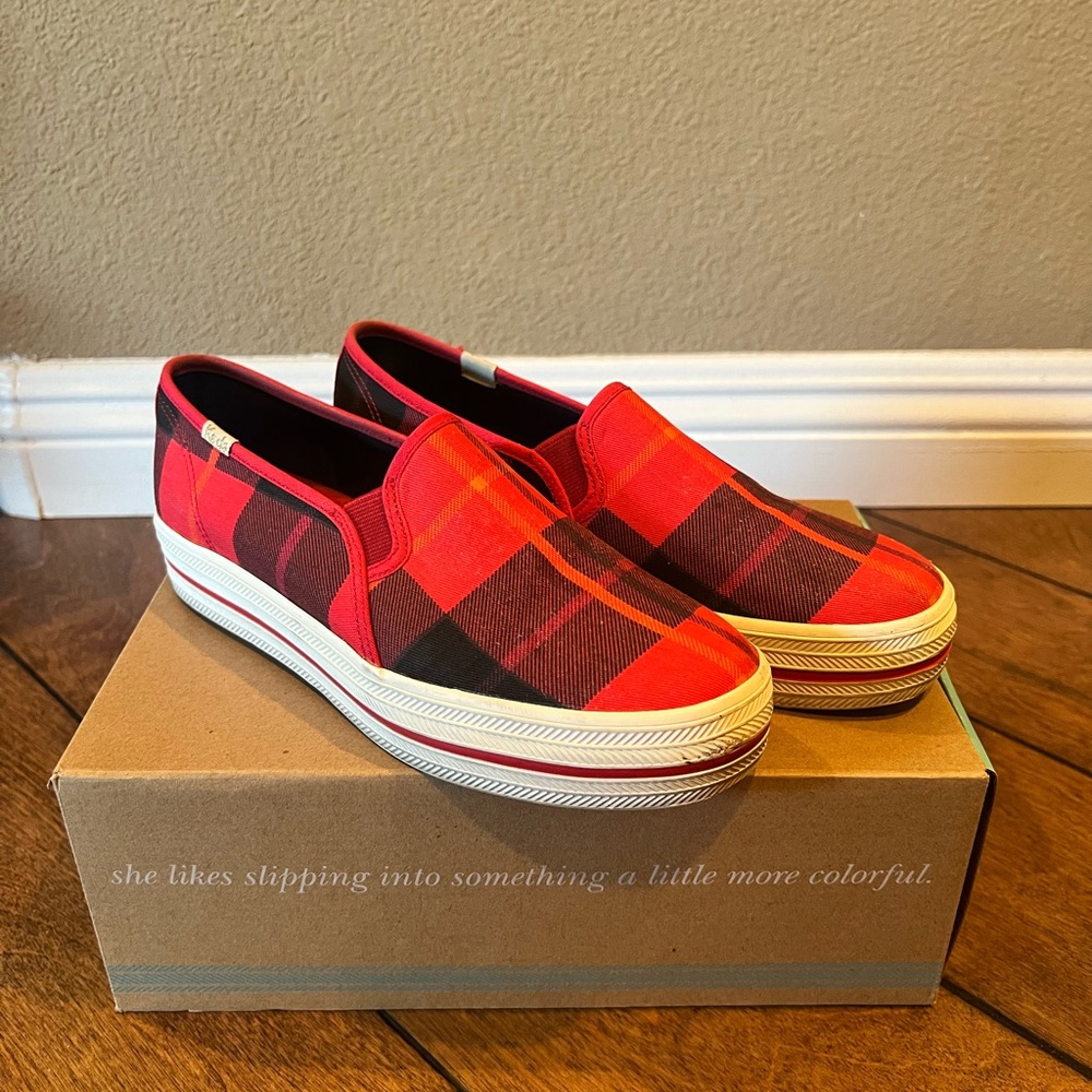 Kate Spade x Keds Triple Decker Plaid Red Slip-On Sneakers